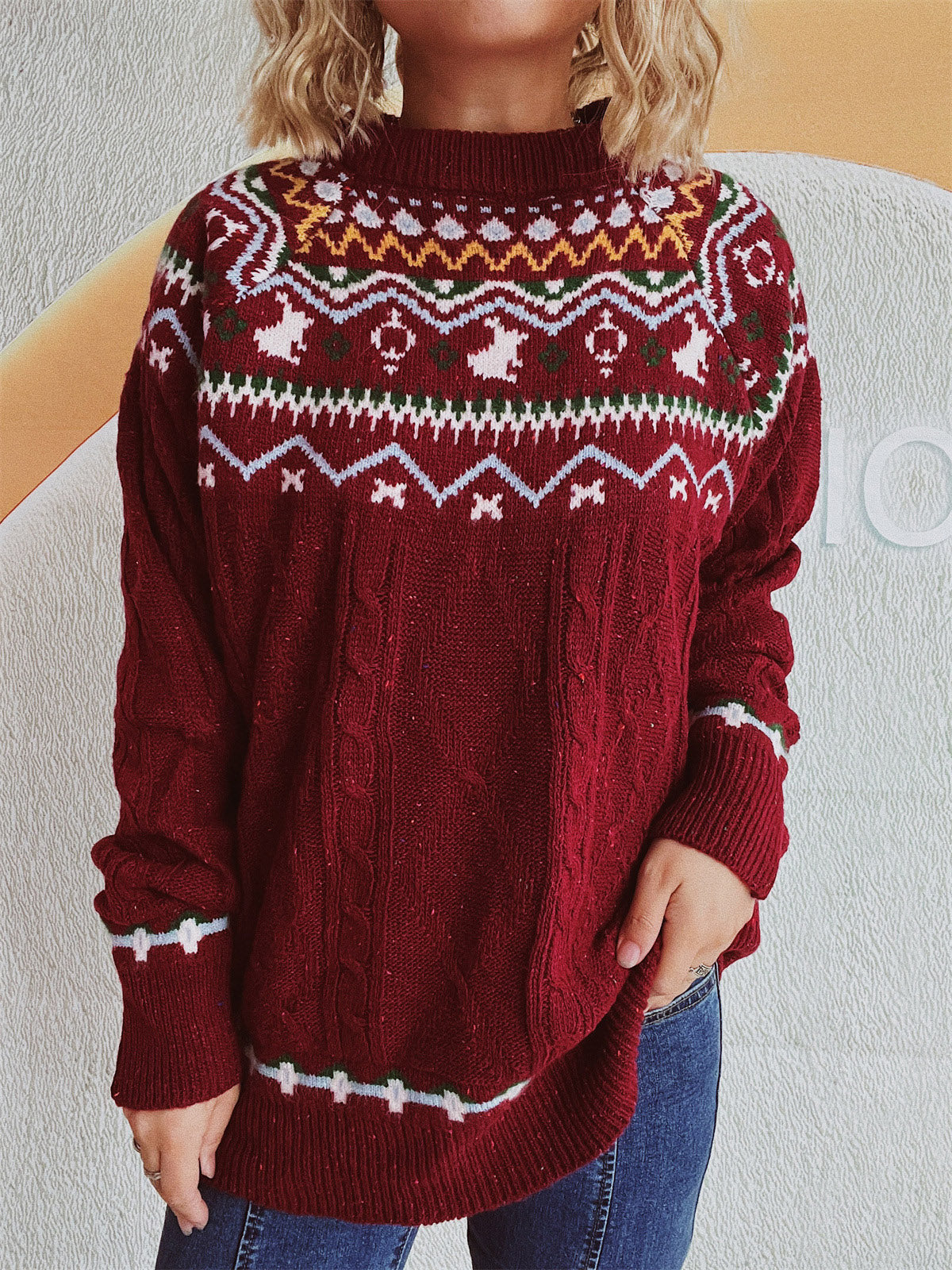 NicholesGifts Women Cable-Knit Mock Neck Long Sleeve Sweater NicholesGifts