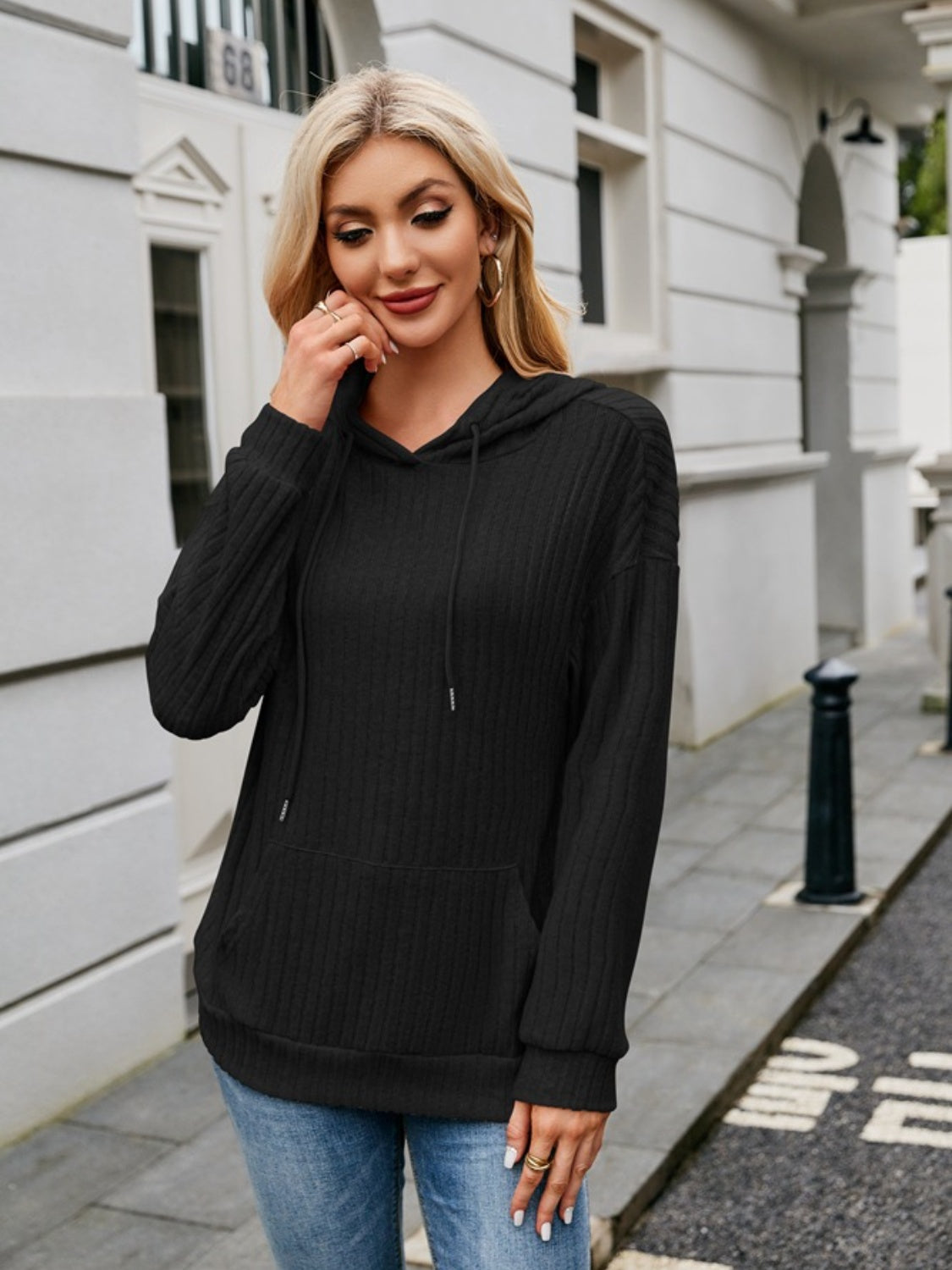 NicholesGifts Women Ribbed Drawstring Long Sleeve Hoodie NicholesGifts