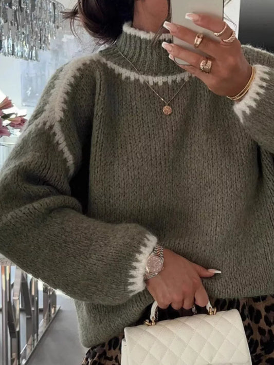 Contrast Trim Turtleneck Long Sleeve Sweater