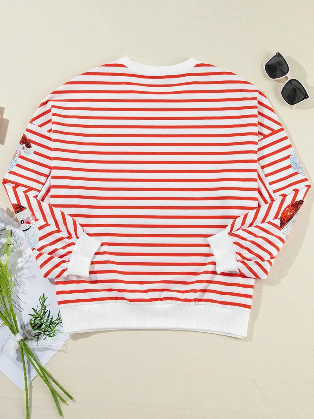 NicholesGifts Women Sequin Santa Striped Round Neck Long Sleeve Sweatshirt NicholesGifts