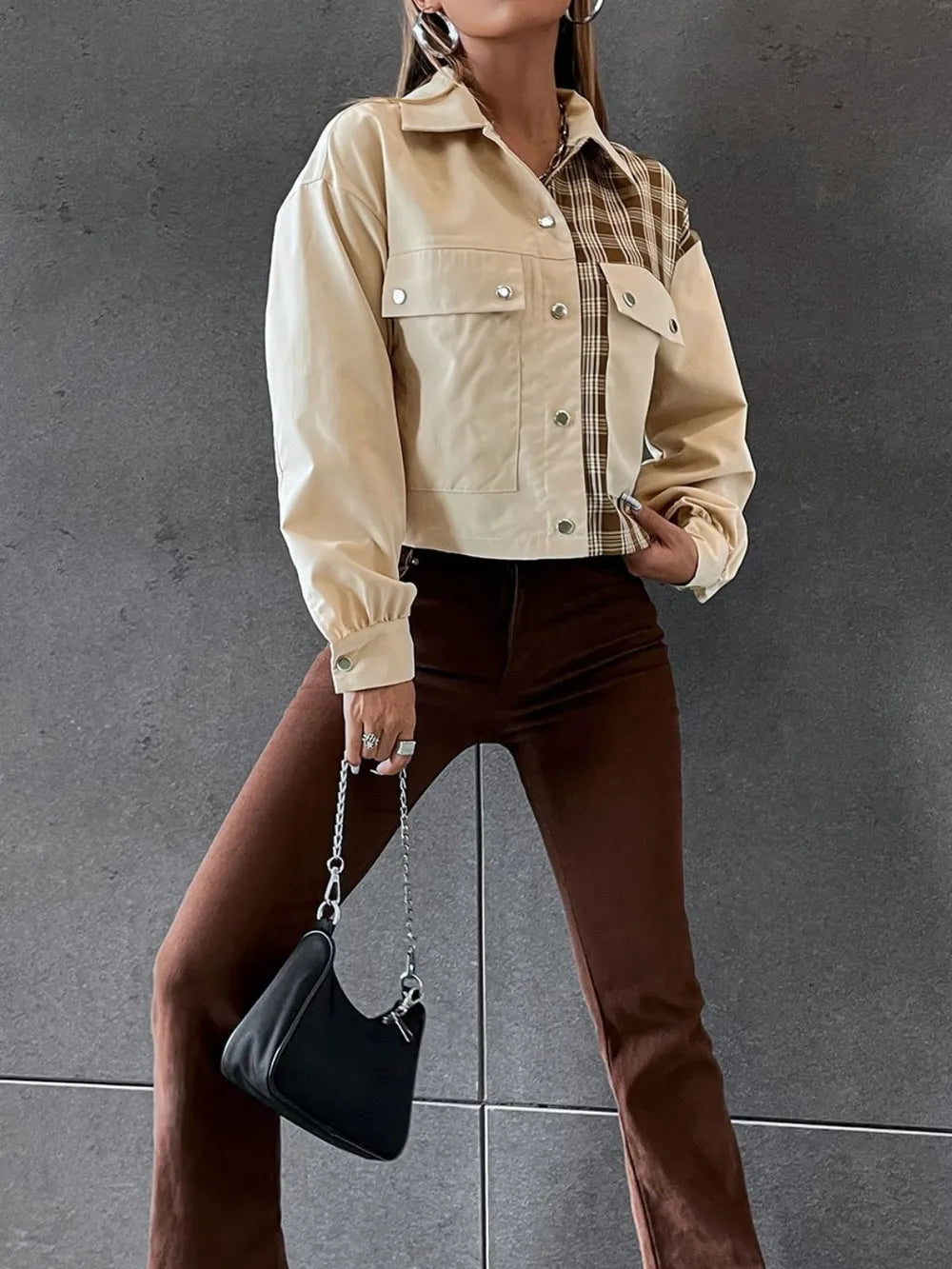 Snap Down Color Block Plaid Jacket Trendsi