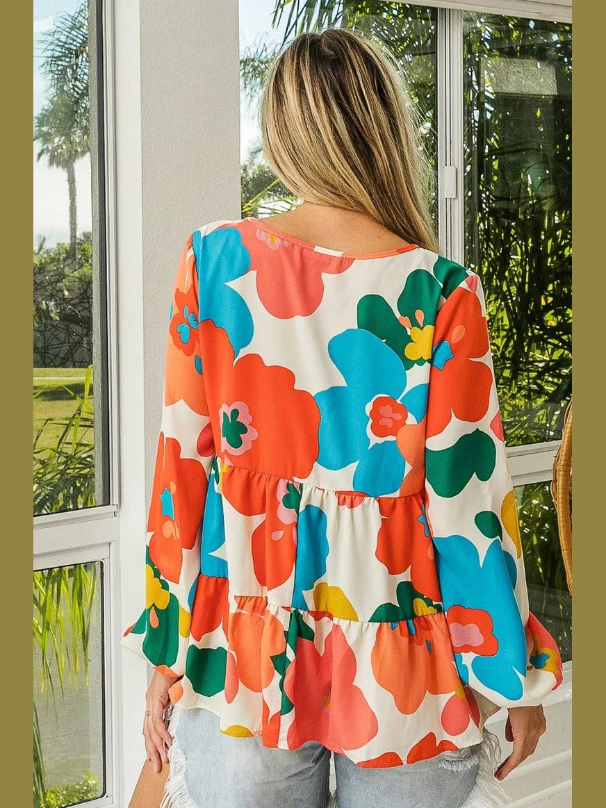 BiBi Floral Woven Tiered V Neck Top