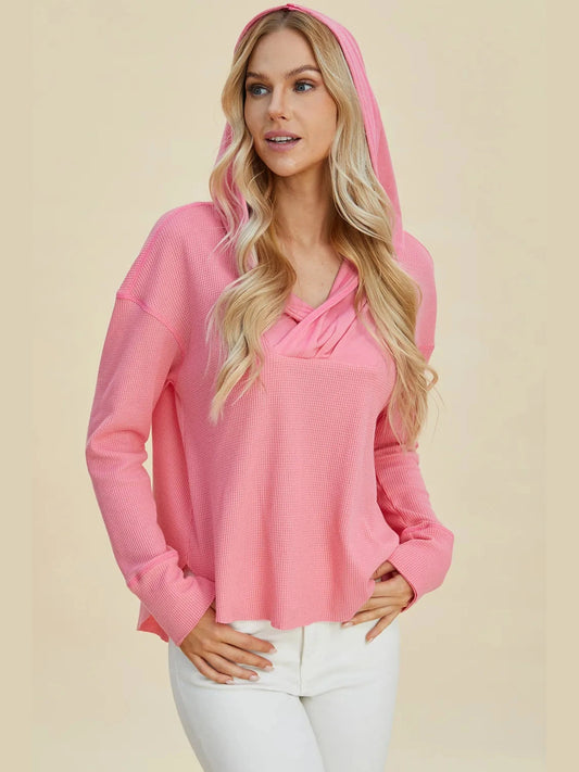 Double Take Full Size High-Low Dropped Shoulder Long Sleeve Hoodie Trendsi