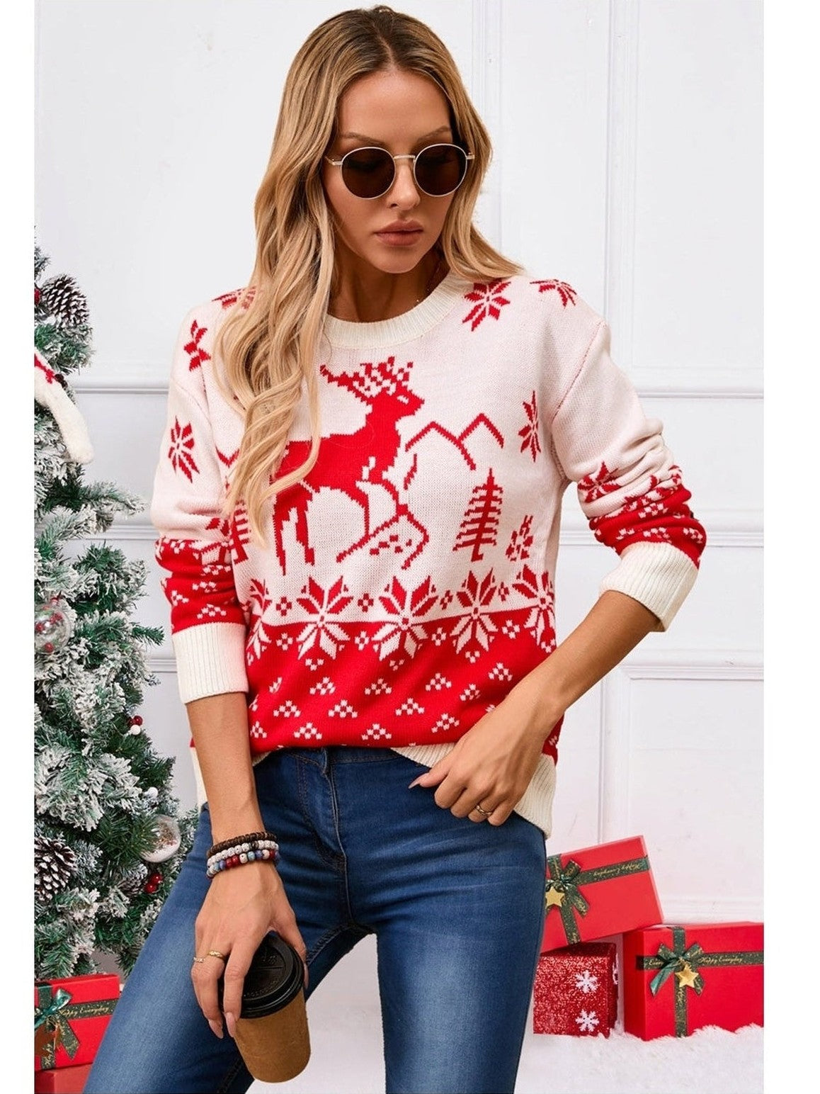 Angel Wings Deer Pattern Round Neck Long Sleeve Sweater