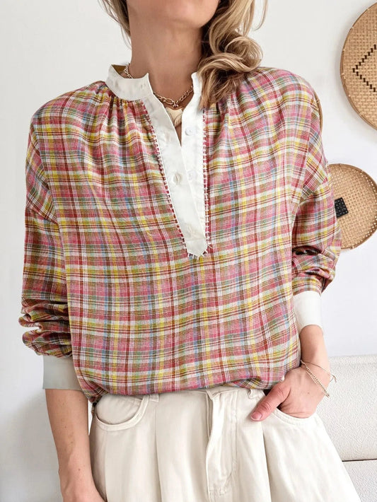 Mulit-Color Plaid Round Neck Long Sleeve Blouse Trendsi