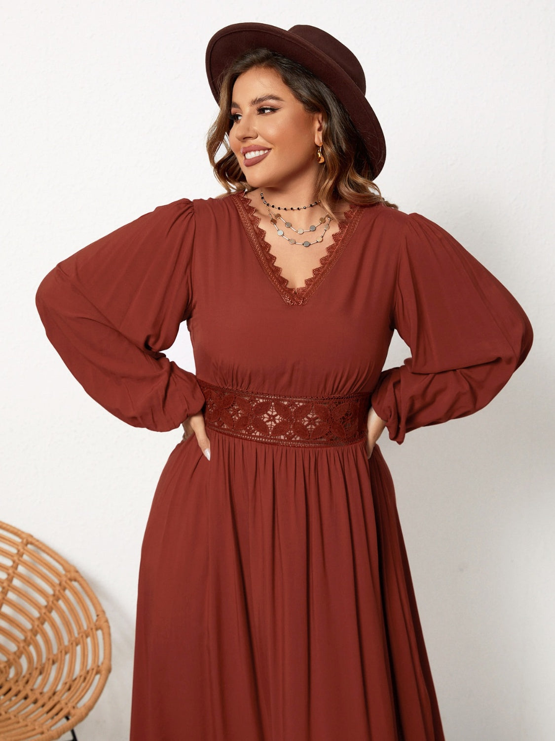 NicholesGifts Plus Size Women Lace Detail V-Neck Balloon Sleeve Dress