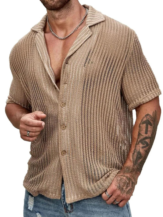 Men's Full Size Openwork Button Down Short Sleeve Shirt Plus Size NicholesGifts