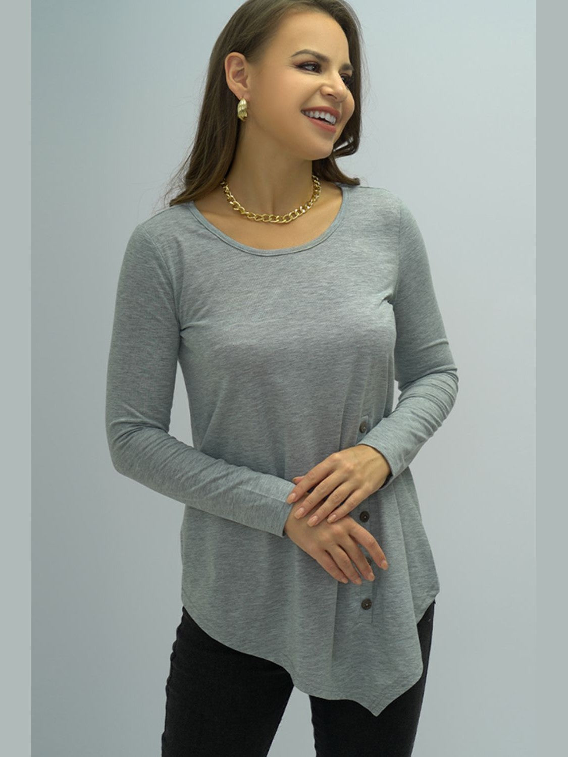 Shiny Buttoned Long Sleeve Round Neck Tee NicholesGifts