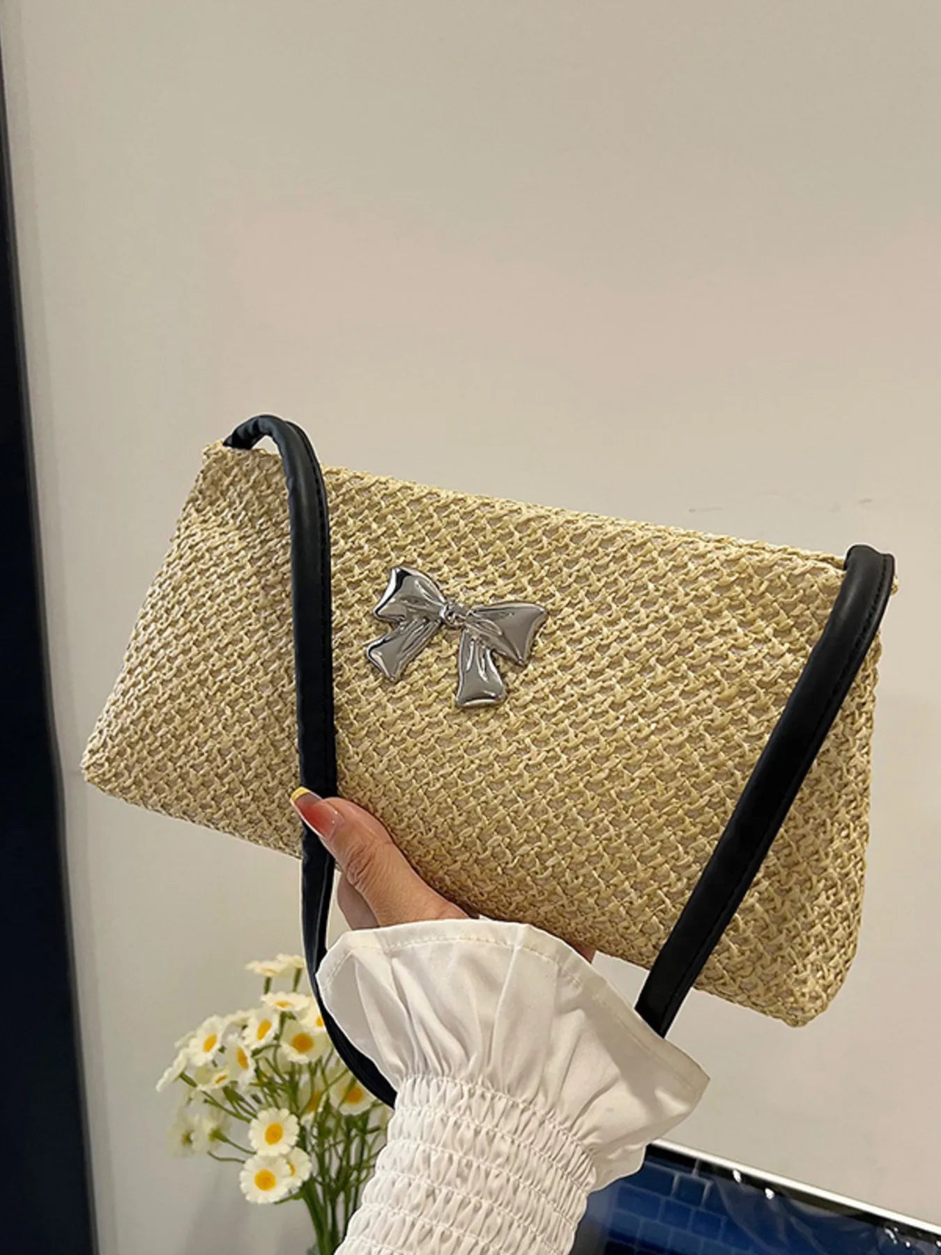 Woven Straw Shoulder Bag with Bow Detail Trendsi