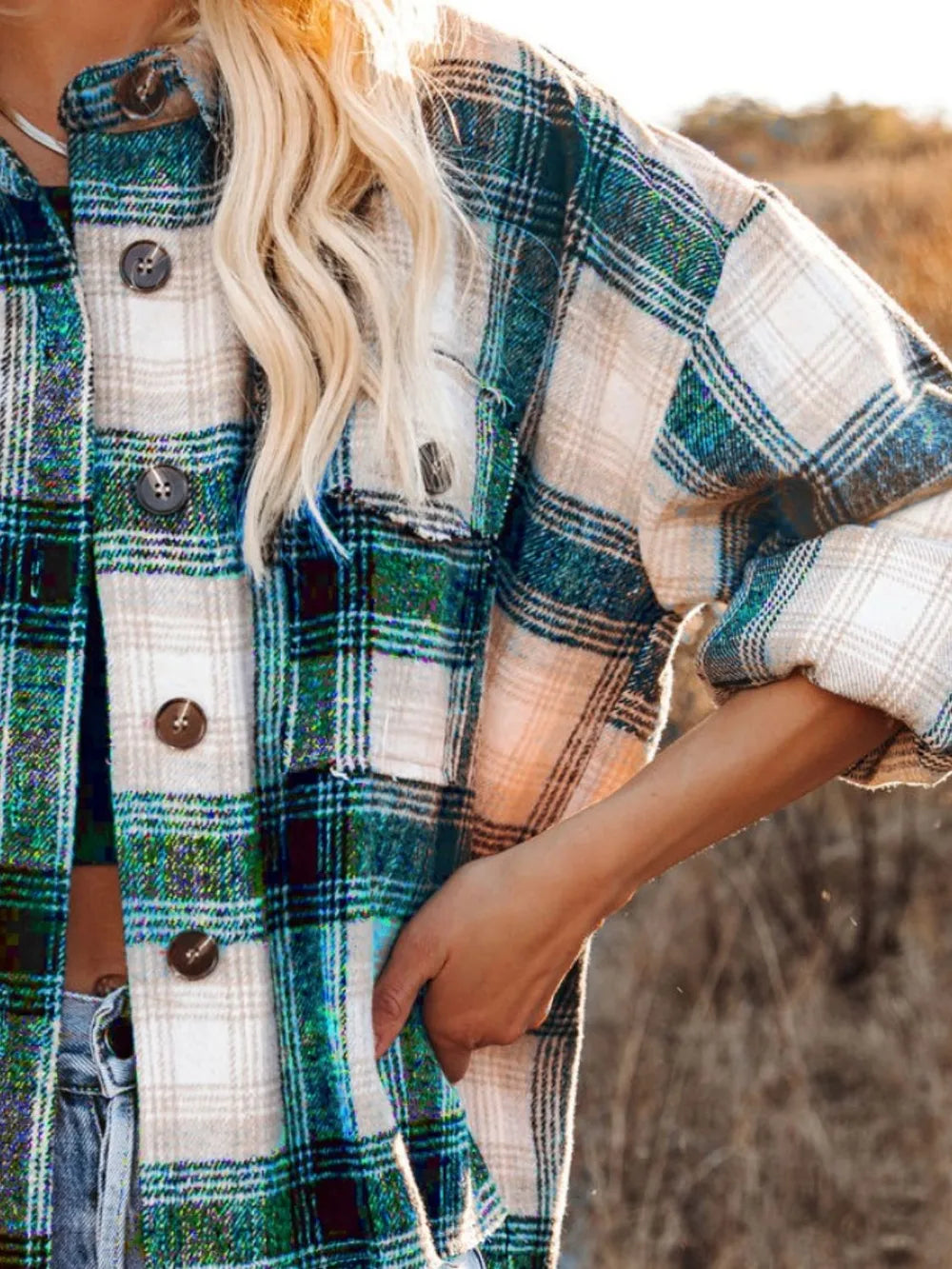 Women Pocketed Plaid Button Down Long Sleeve Shacket nicholesgifts