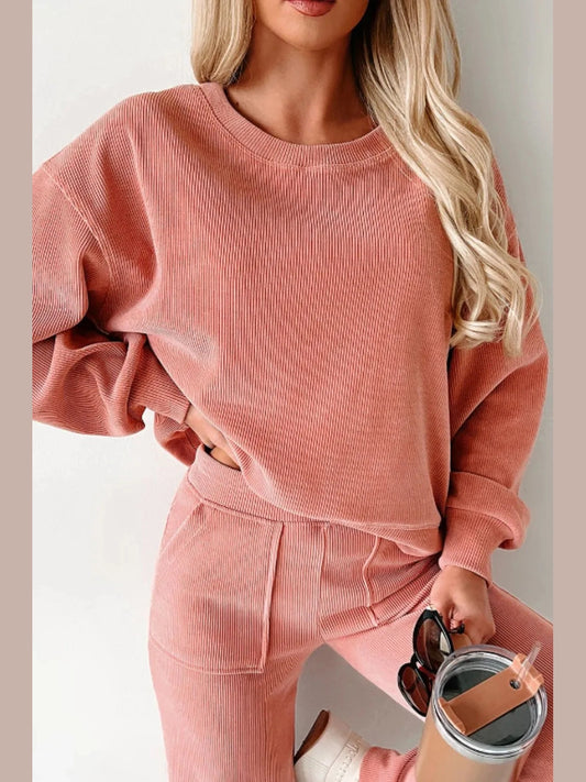 Round Neck Long Sleeve Top and Pants Set nicholesgifts
