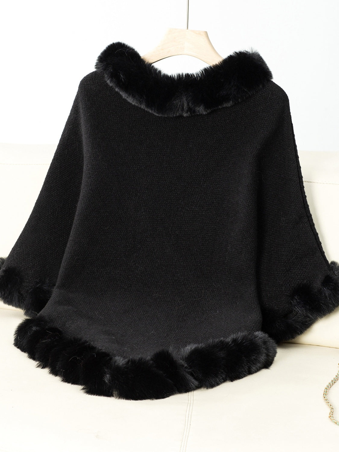 NicholesGifts Women Fuzzy Trim Texture Three-Quarter Sleeve Poncho NicholesGifts