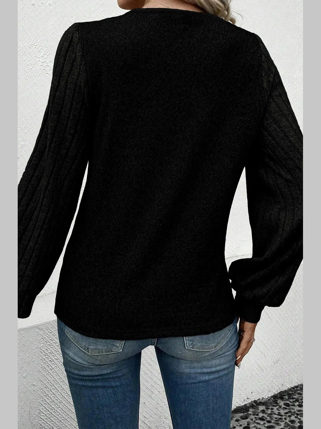 Decorative Button V-Neck Lantern Sleeve Blouse