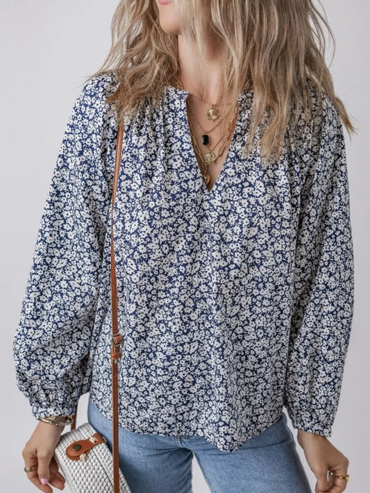 Floral Print Notched Long Sleeve Blouse NicholesGifts