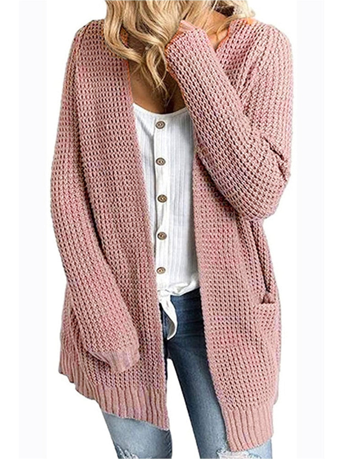 Women Rib-Knit Open Front Pocketed Cardigan