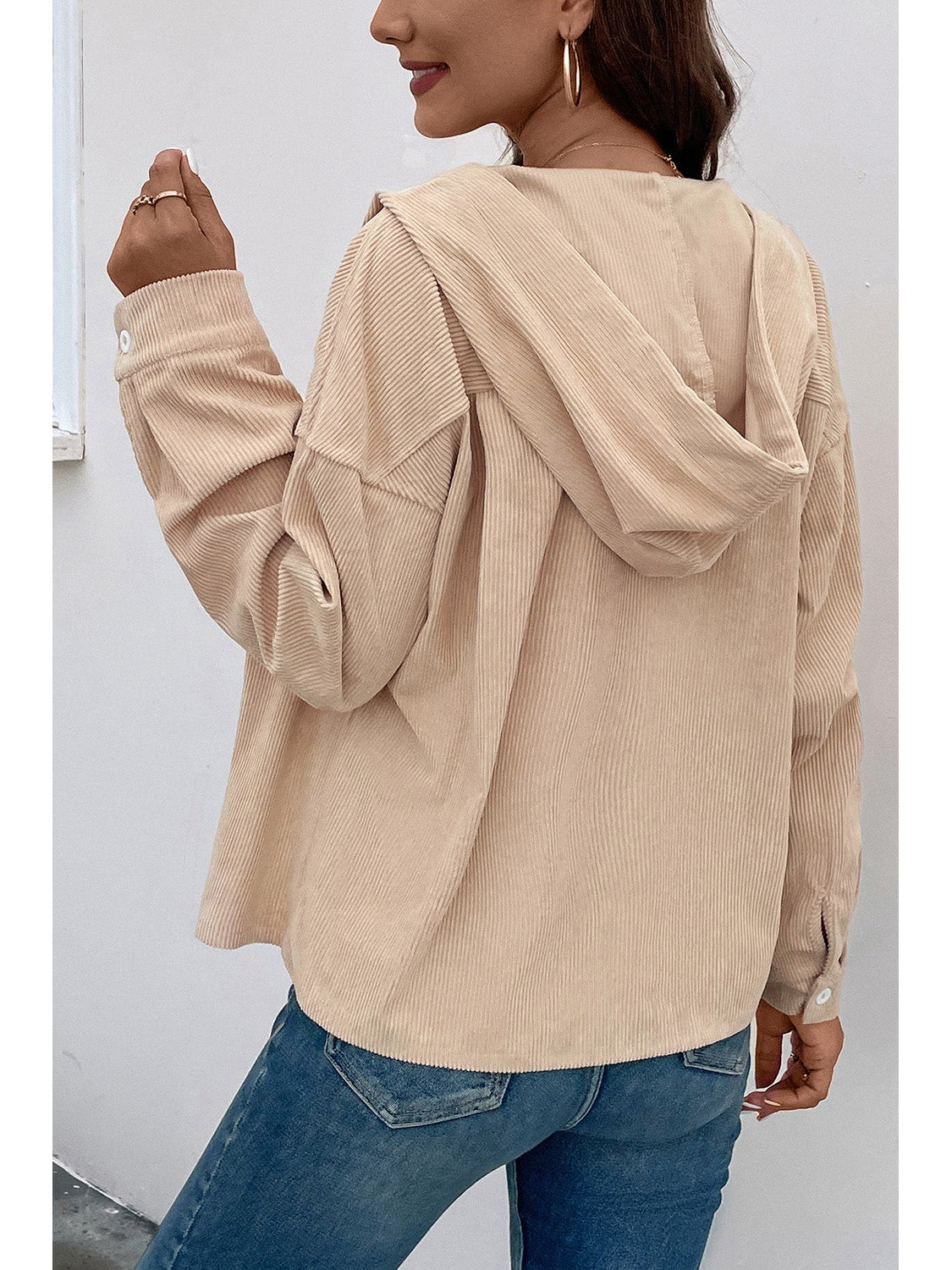 Perfee Ribbed Button Up Drawstring Hooded Jacket NicholesGifts