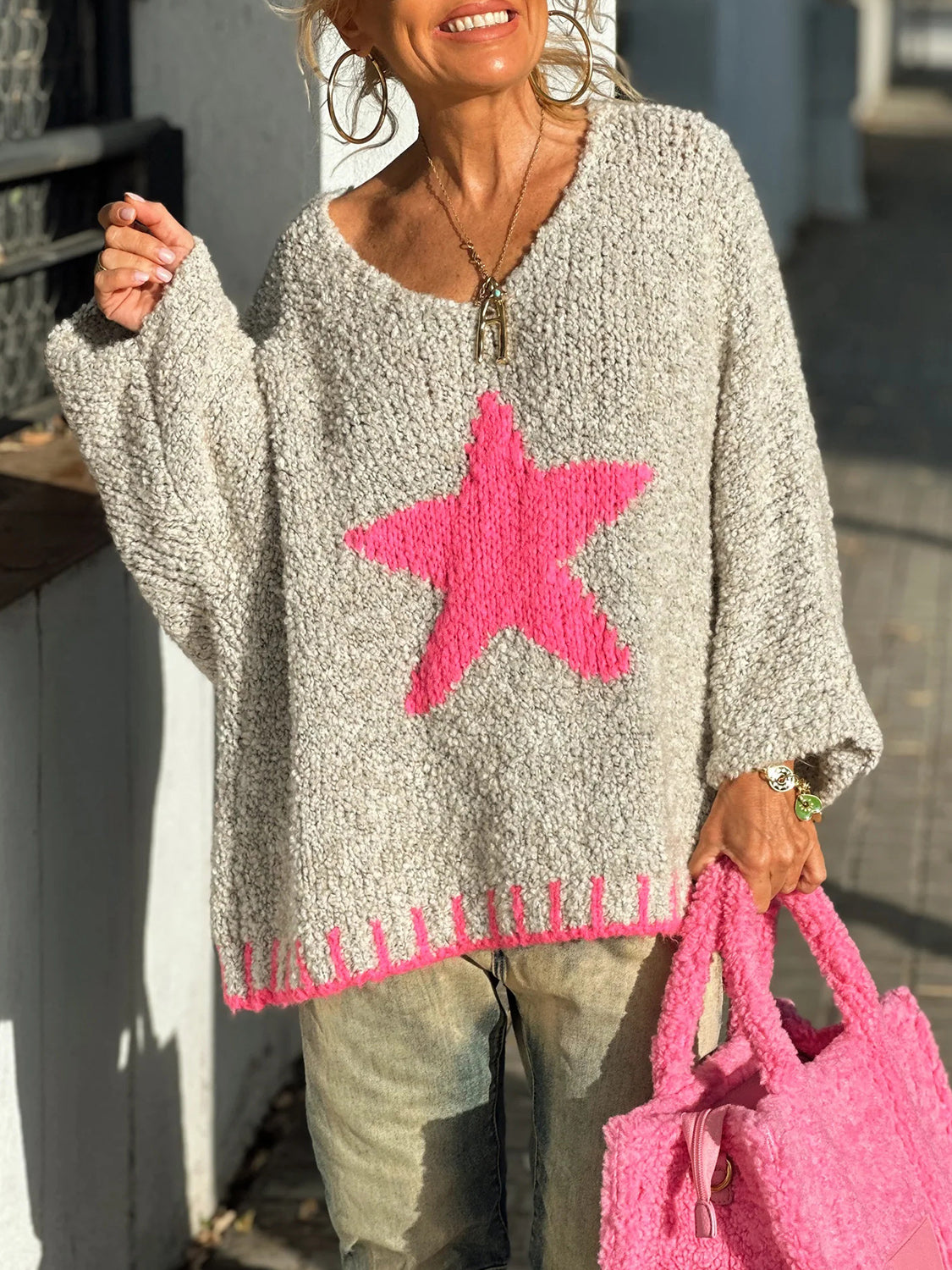 Star V-Neck Long Sleeve Oversize Sweater NicholesGifts