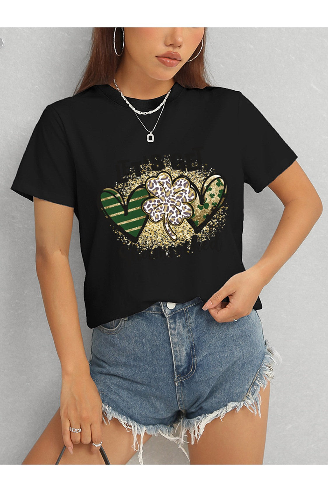 Women Lucky Clover Round Neck Short Sleeve T-Shirt NicholesGifts