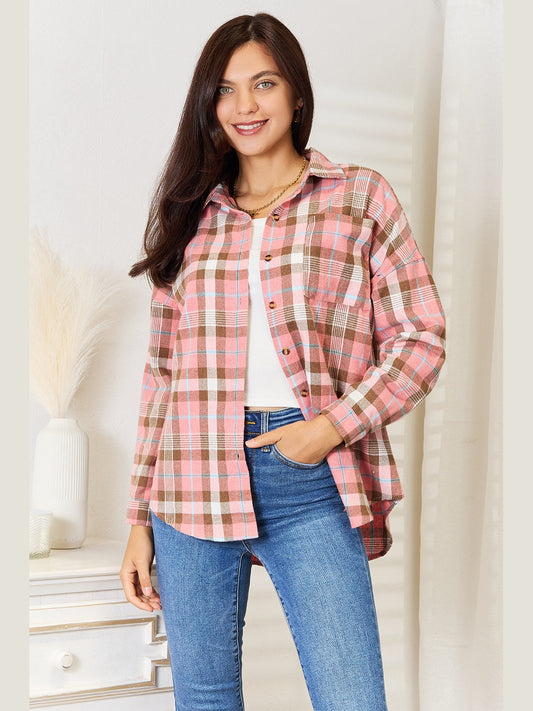 Women Double Take Plaid Collared Neck Long Sleeve Button-Up Shirt NicholesGifts