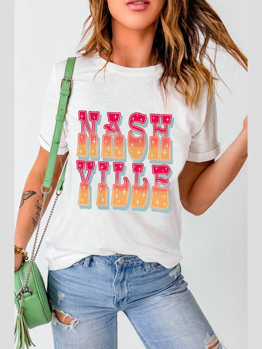 Women’s white cotton blend Letter Graphic Round Neck short sleeve T-shirt with colorful Nashville text design