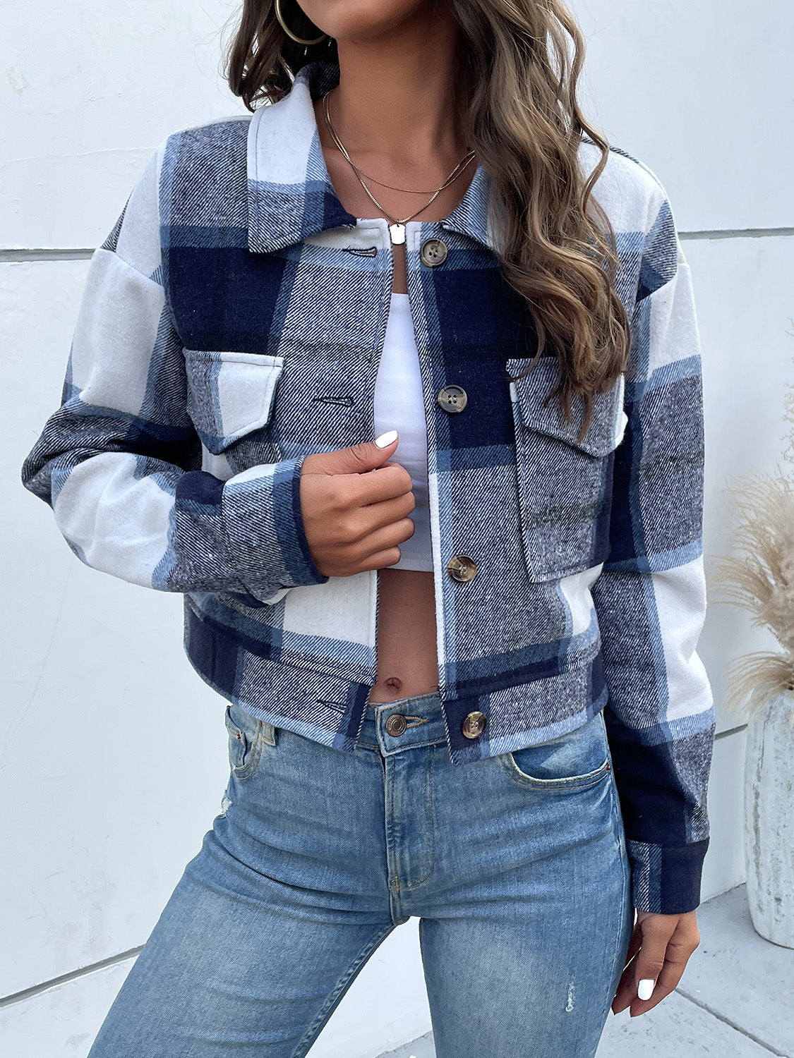Perfee Plaid Button Up Drop Shoulder Cropped Jacket NicholesGifts