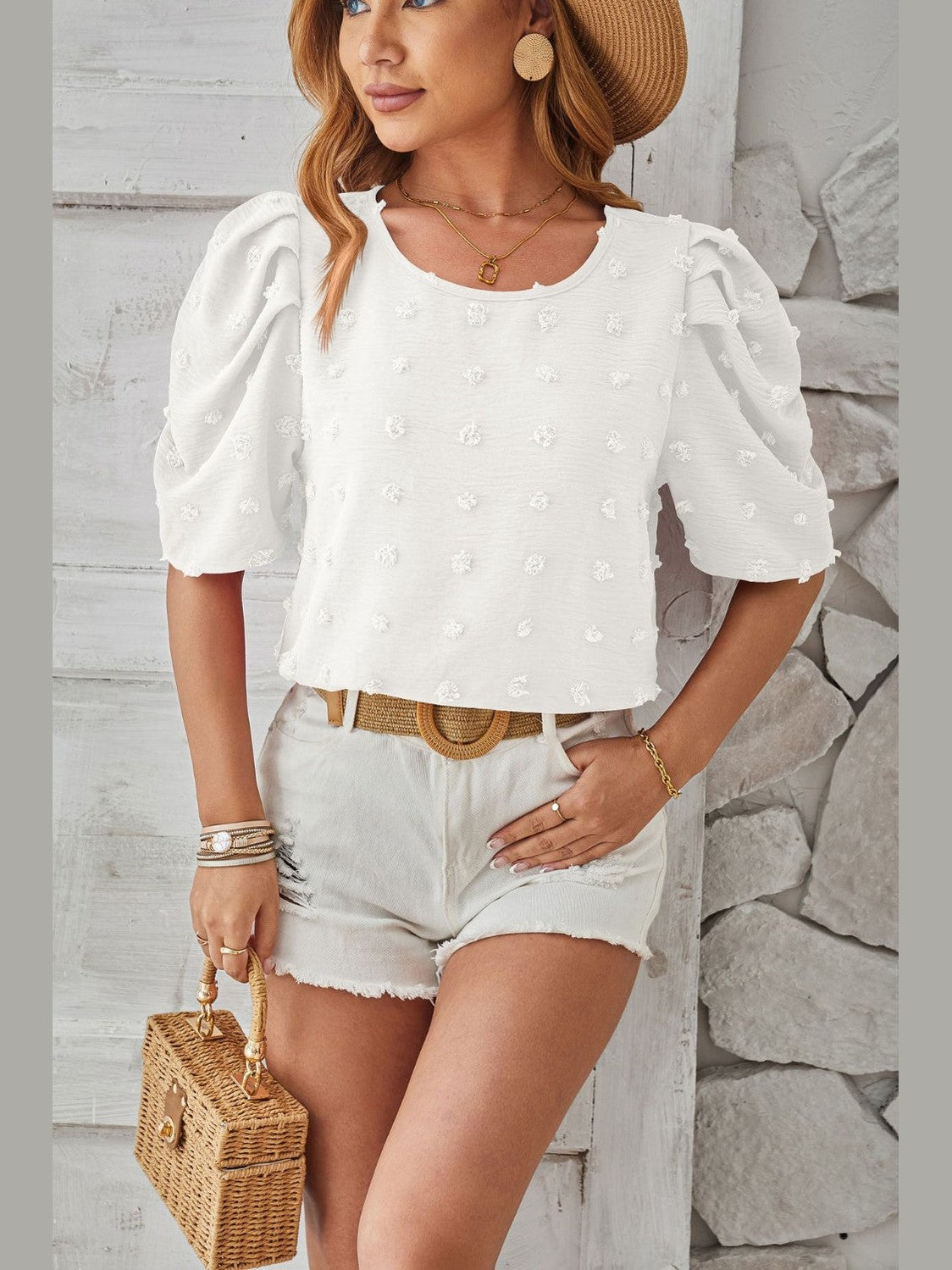 Swiss Dot Round Neck Short Sleeve Blouse