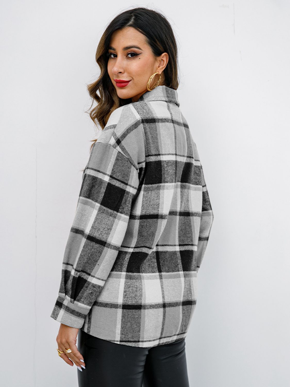 Shiny Plaid Button Up Collared Neck Jacket NicholesGifts