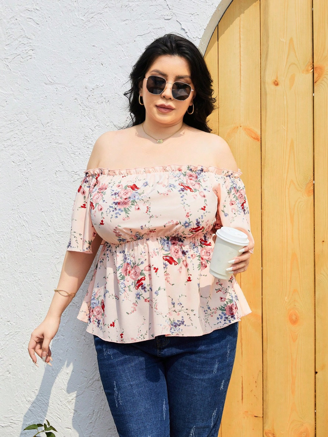 Plus Size Women Frill Printed Flutter Sleeve Blouse
