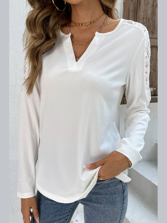 Spliced Lace Notched Neck Top