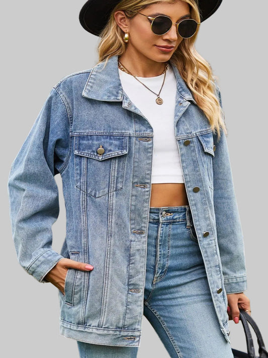 Buttoned Collared Neck Denim Jacket with Pockets nicholesgifts