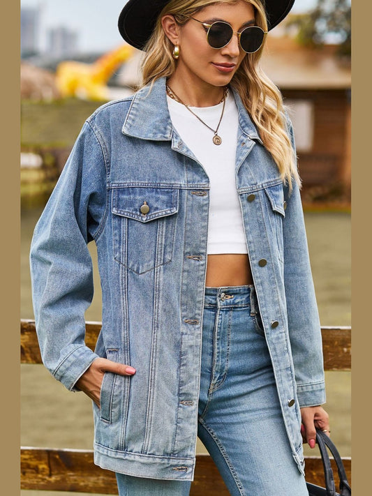 Buttoned Collared Neck Denim Jacket with Pockets nicholesgifts
