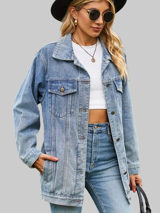 Buttoned Collared Neck Denim Jacket with Pockets nicholesgifts