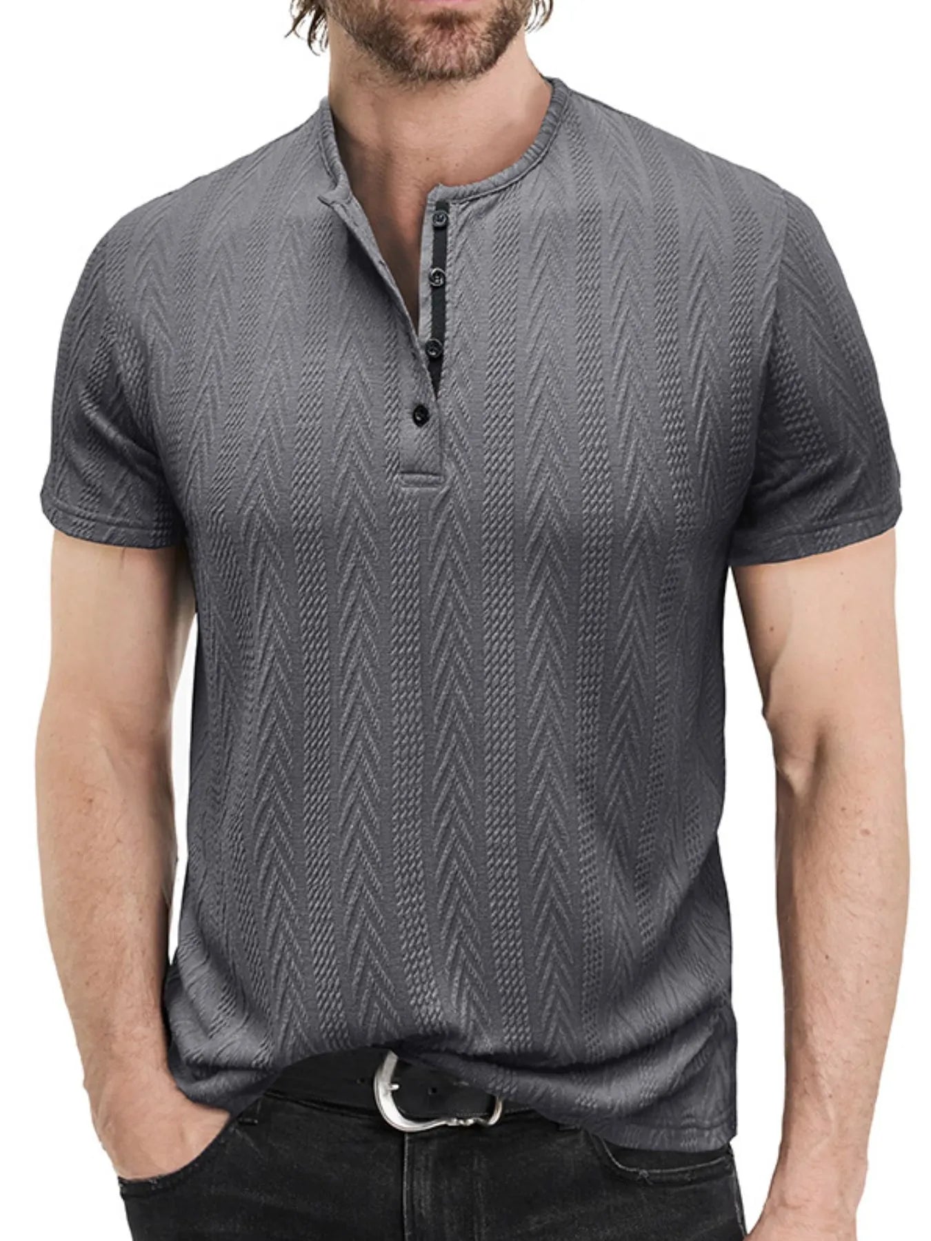 Men's Textured Chevron Pattern Henley Polo Short Sleeve Shirt