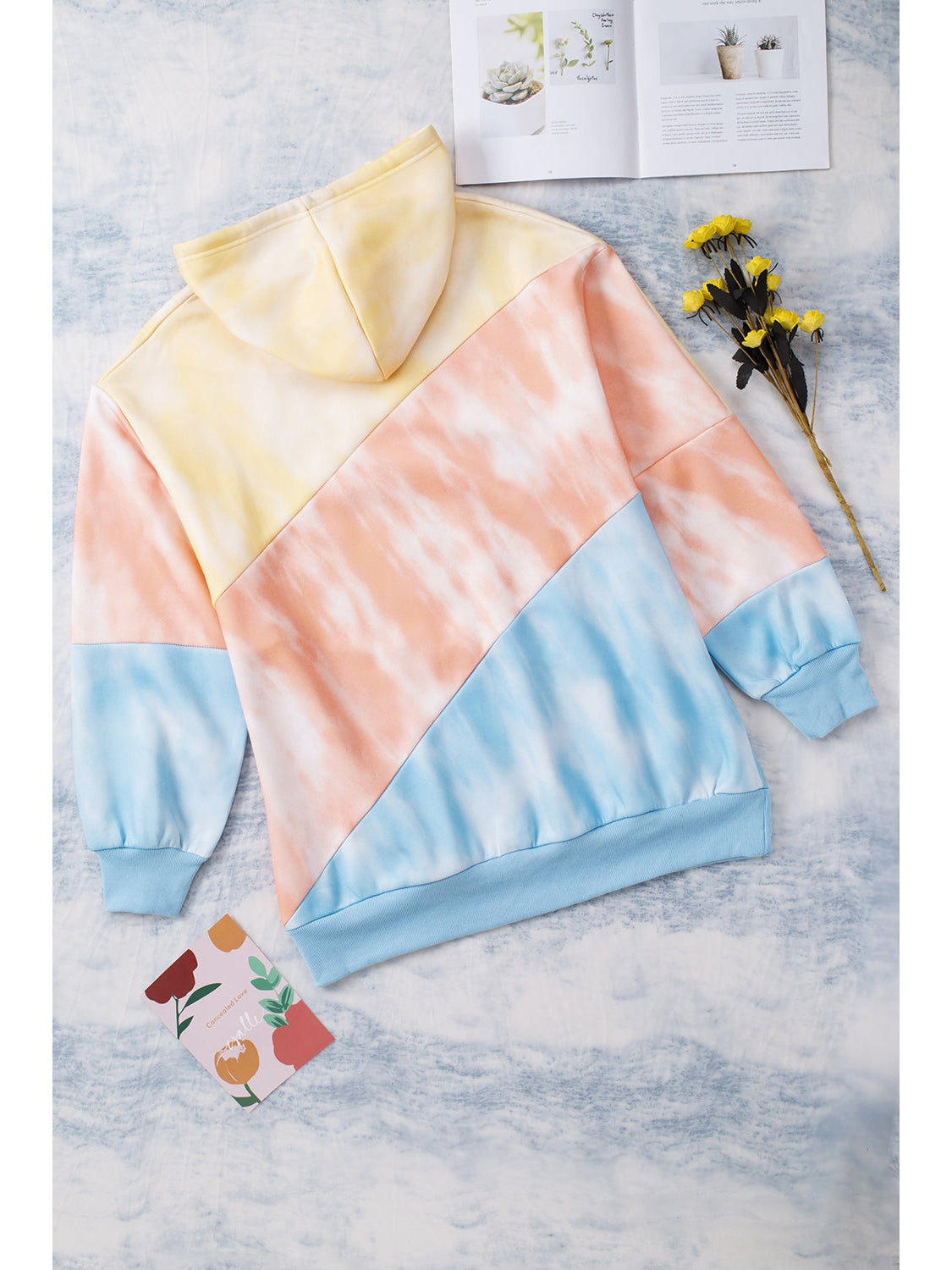 NicholesGifts Plus Size Women Light Blue Drawstring Color Block Dropped Shoulder Hoodie