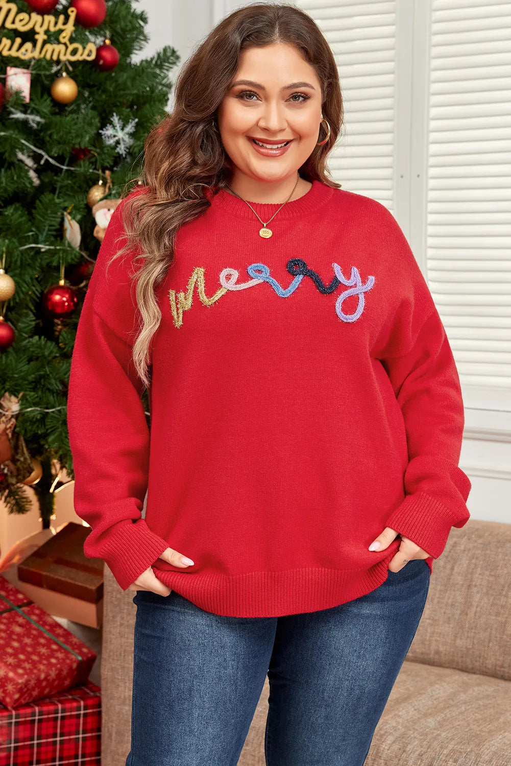 Plus Size MERRY Round Neck Long Sleeve Sweater NicholesGifts