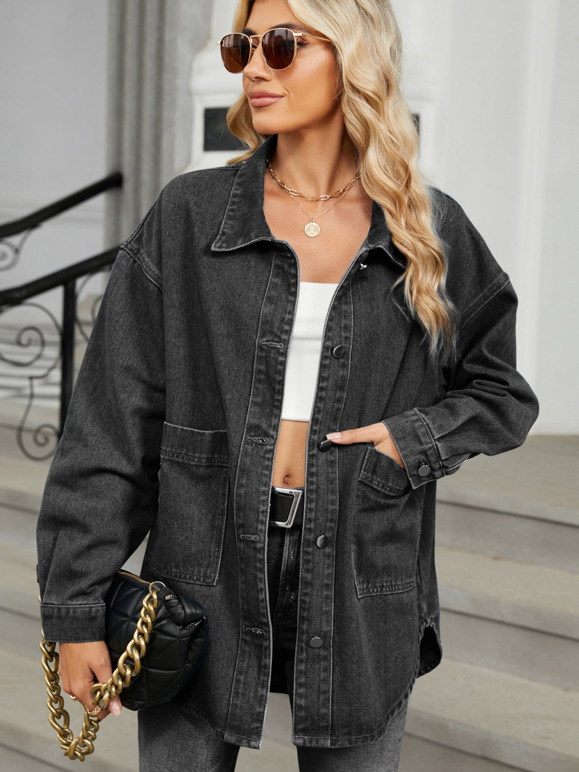 Removable Hood Button Up Long Sleeve Denim Jacket NicholesGifts