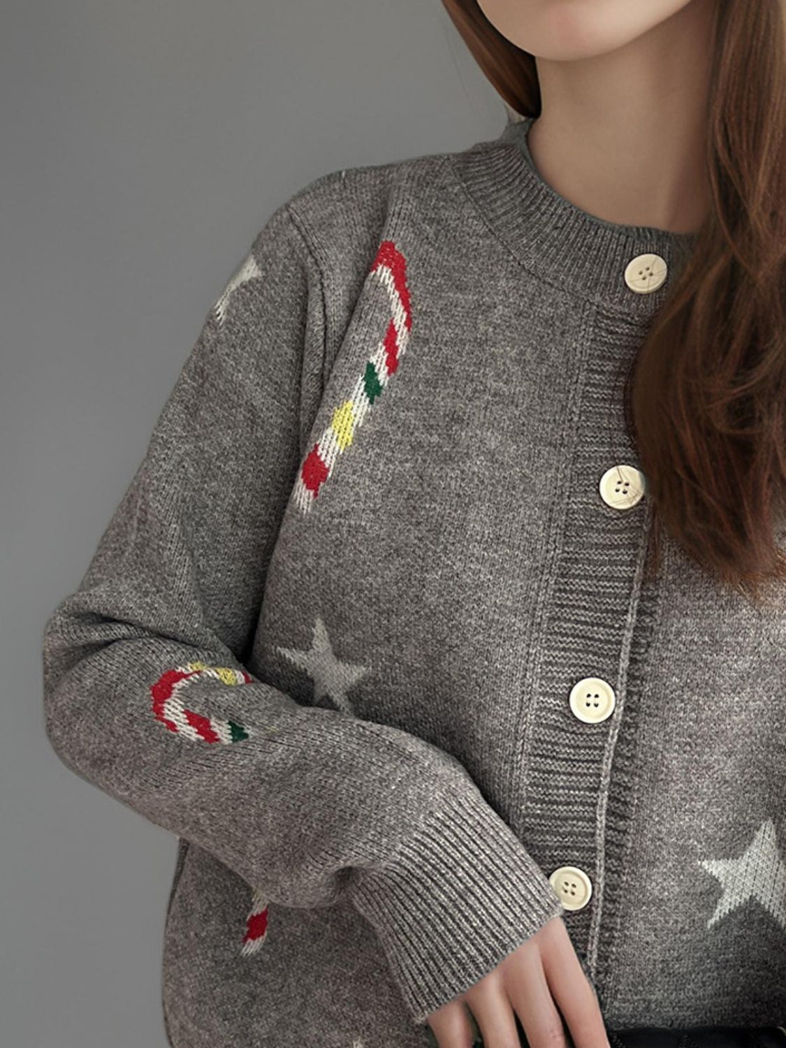 NicholesGifts Women Candy Cane & Star Button Down Long Sleeve Christmas Cardigan NicholesGifts