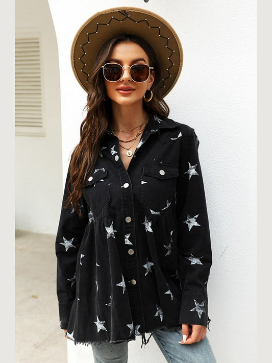 Collared Neck Star Print Long Sleeve Denim Jacket nicholesgifts