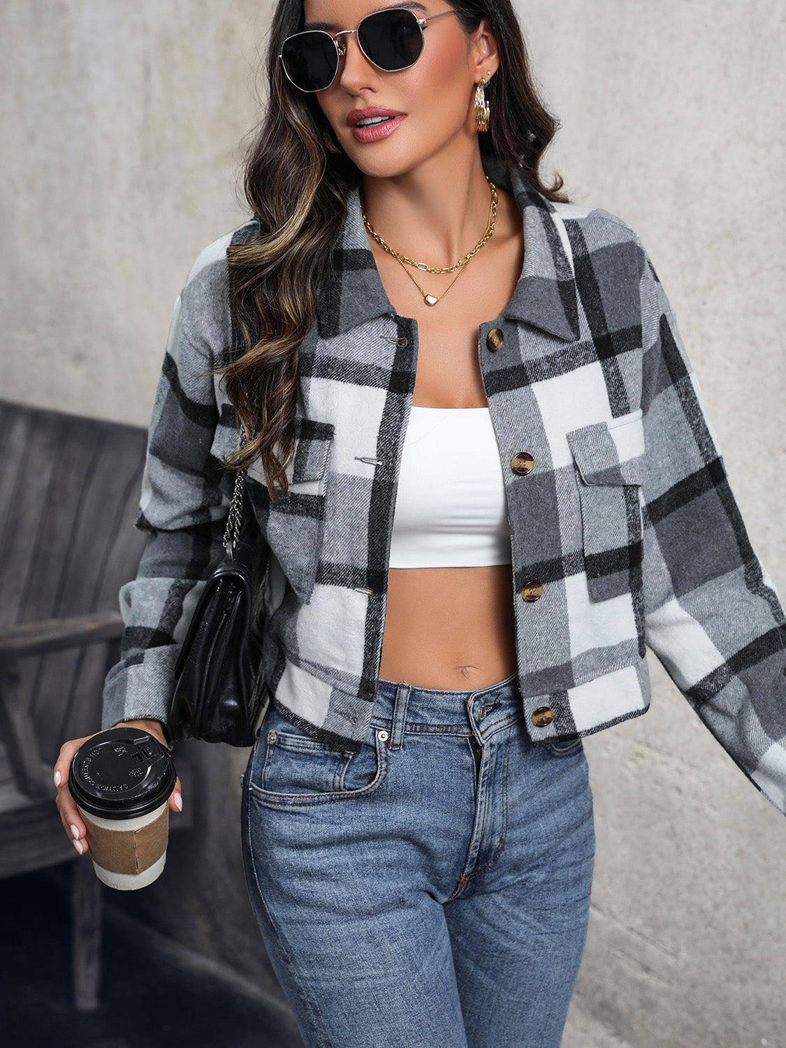 Perfee Plaid Button Up Drop Shoulder Cropped Jacket NicholesGifts