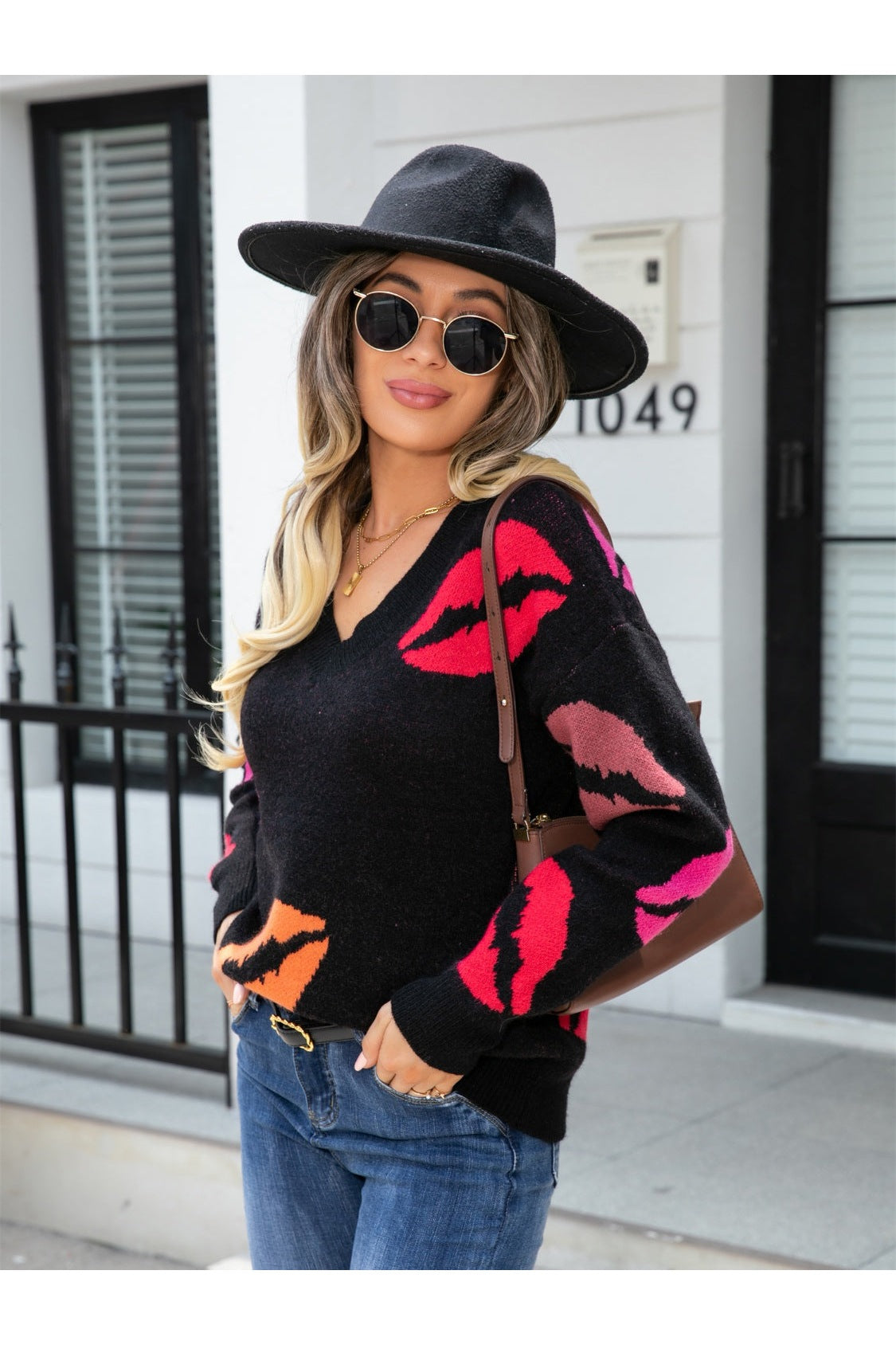 Women Angel Wings Lip V-Neck Drop Shoulder Sweater NicholesGifts