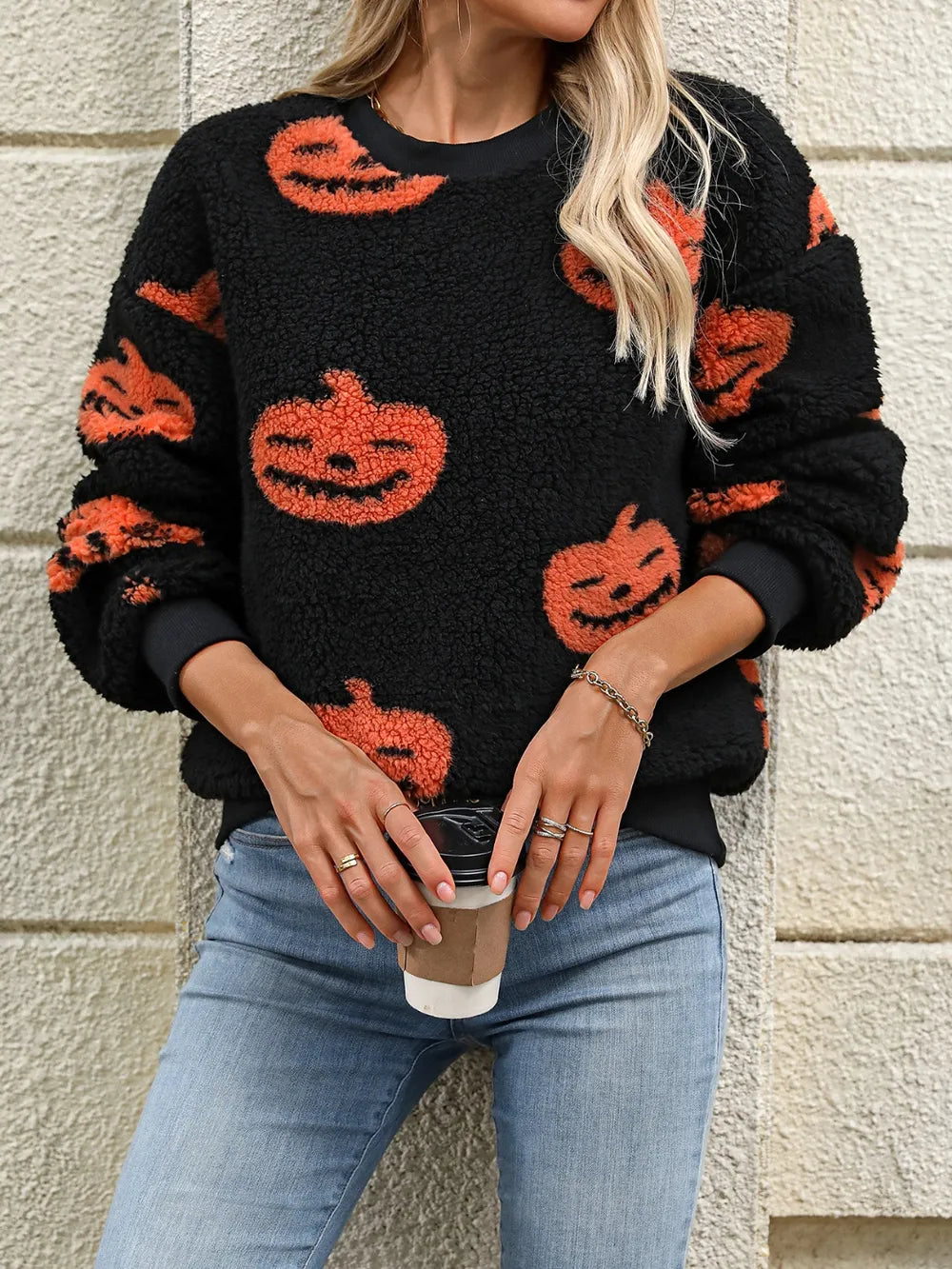 Fuzzy Pumpkin Round Neck Dropped Shoulder Sweater NicholesGifts