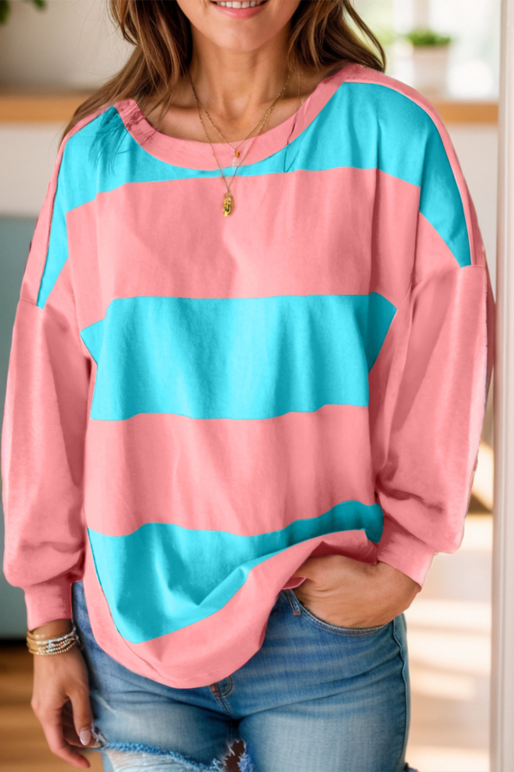 Women Pink Color Block Round Neck Long Sleeve Top NicholesGifts