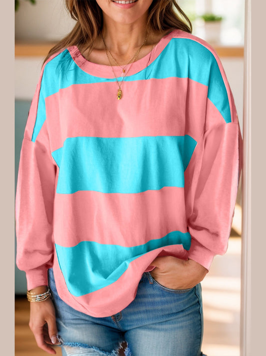 Women Pink Color Block Round Neck Long Sleeve Top NicholesGifts