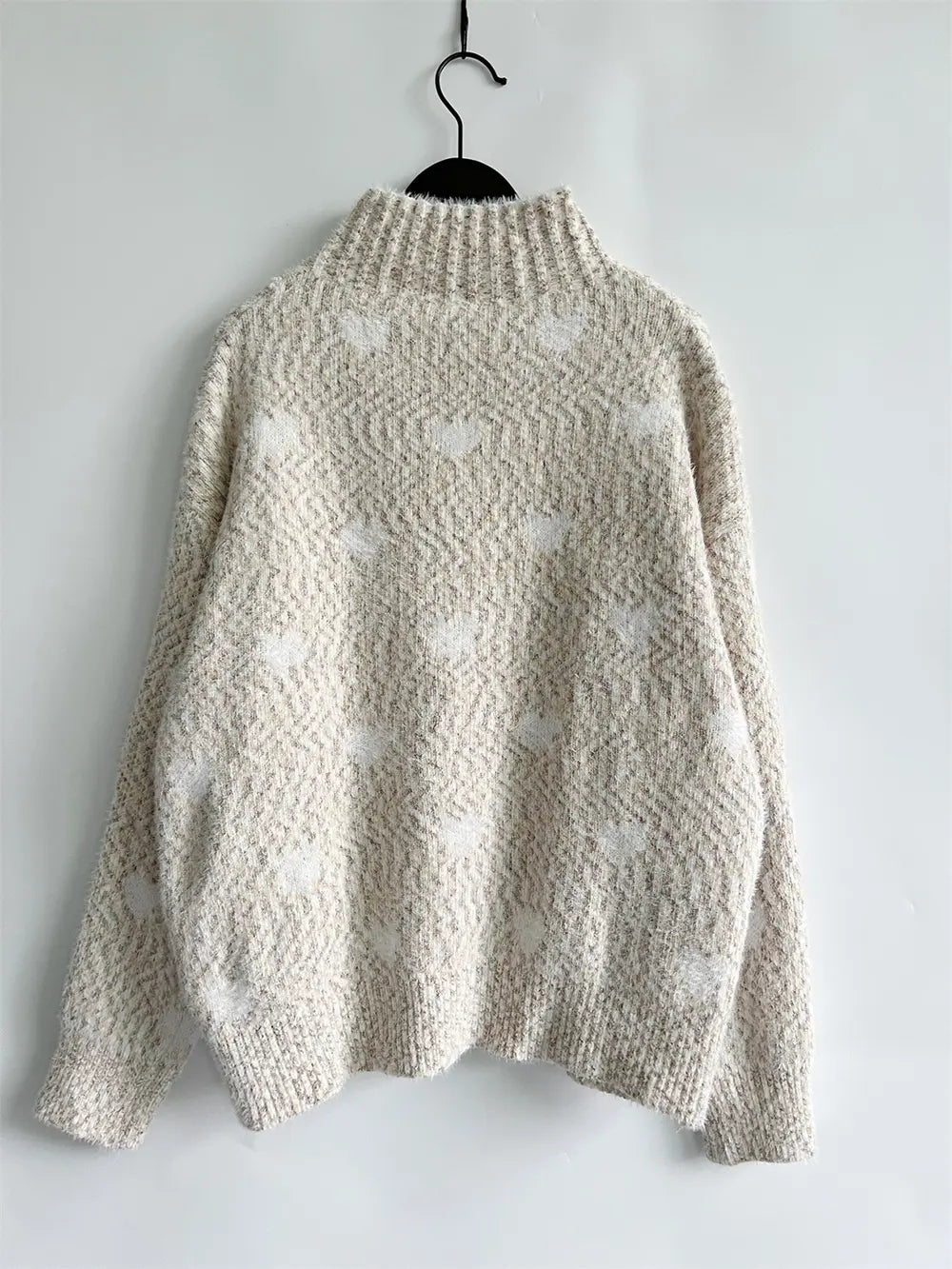 Heart Heathered Turtleneck Drop Shoulder Sweater Trendsi