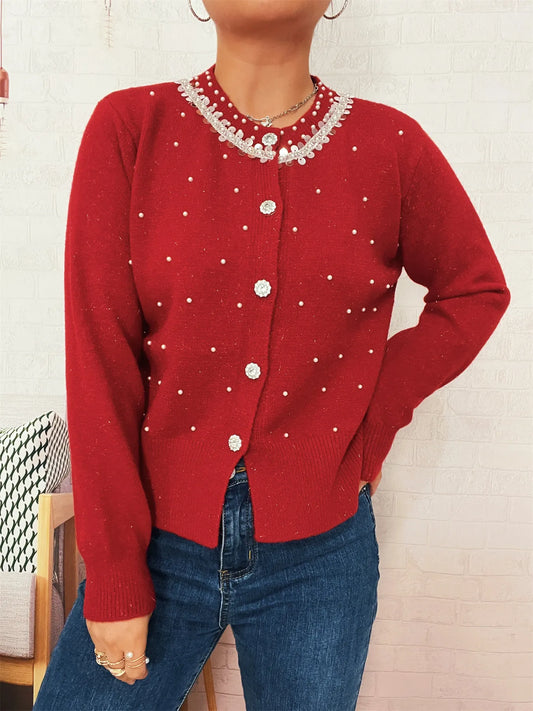 Pearl Detail Button-Front Cardigan NicholesGifts