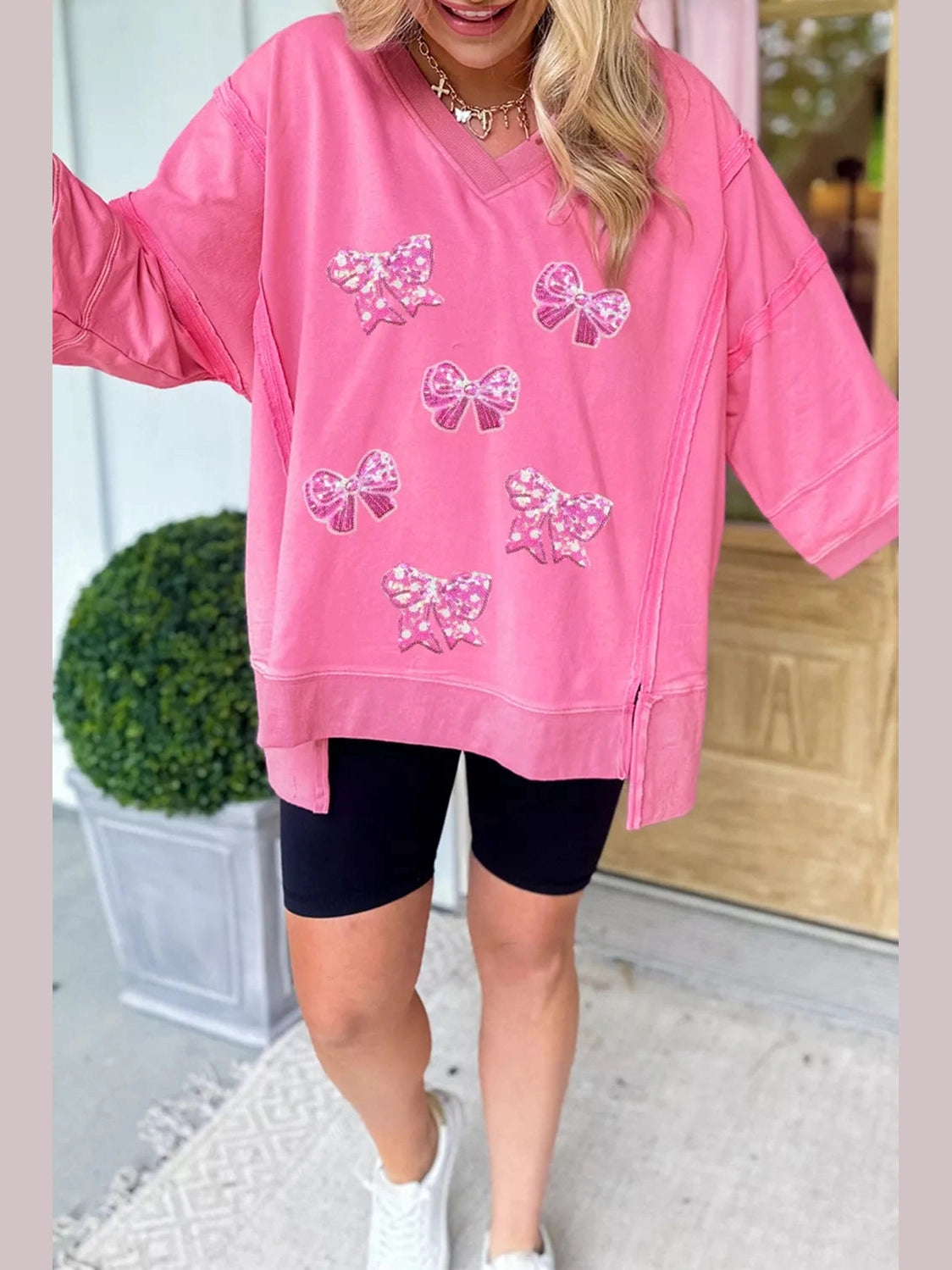 Bow V-Neck Sweatshirt nicholesgifts