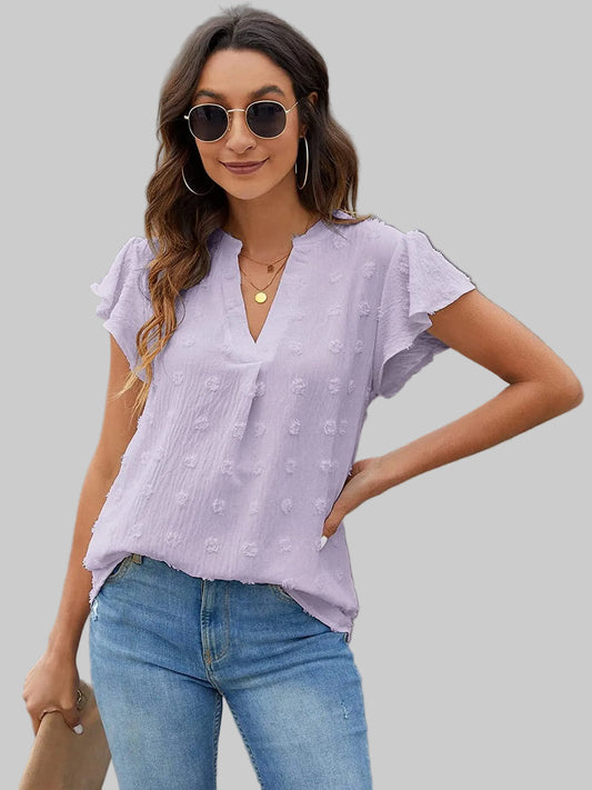 Swiss Dot Notched Flutter Sleeve Blouse nicholesgifts