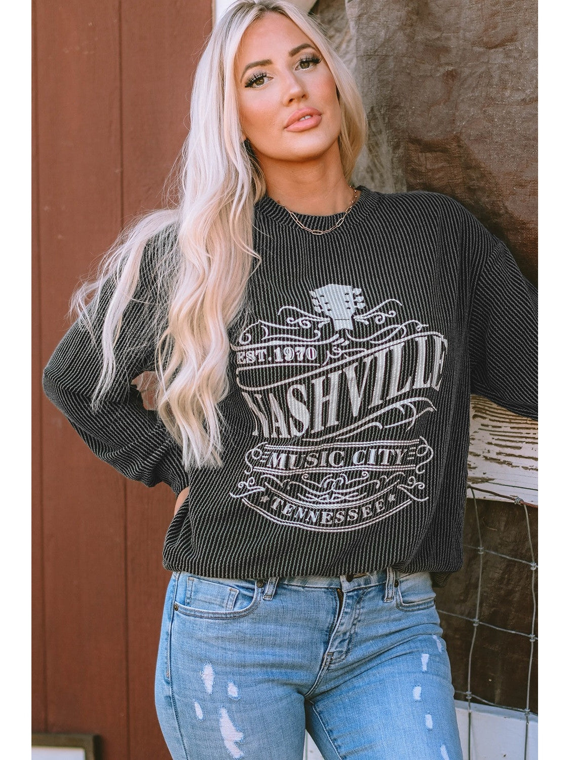 Ribbed Round Neck Long Sleeve Graphic Sweatshirt NicholesGifts