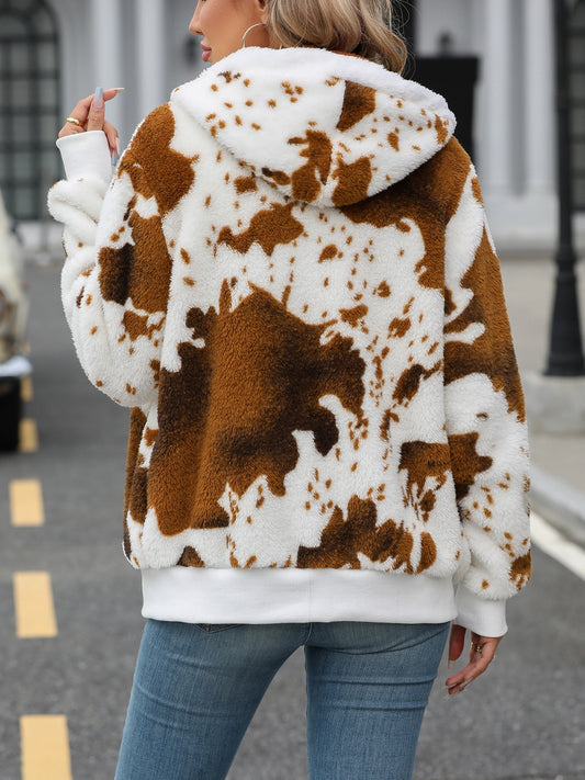 Fuzzy Drawstring Zip Up Hooded Jacket nicholesgifts
