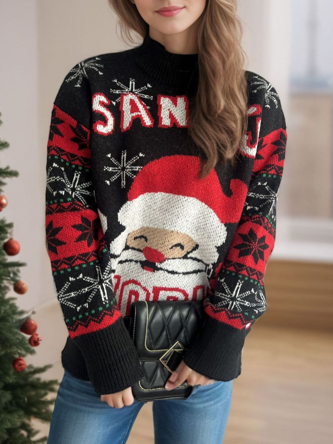 Santa Mock Neck Long Sleeve Sweater NicholesGifts